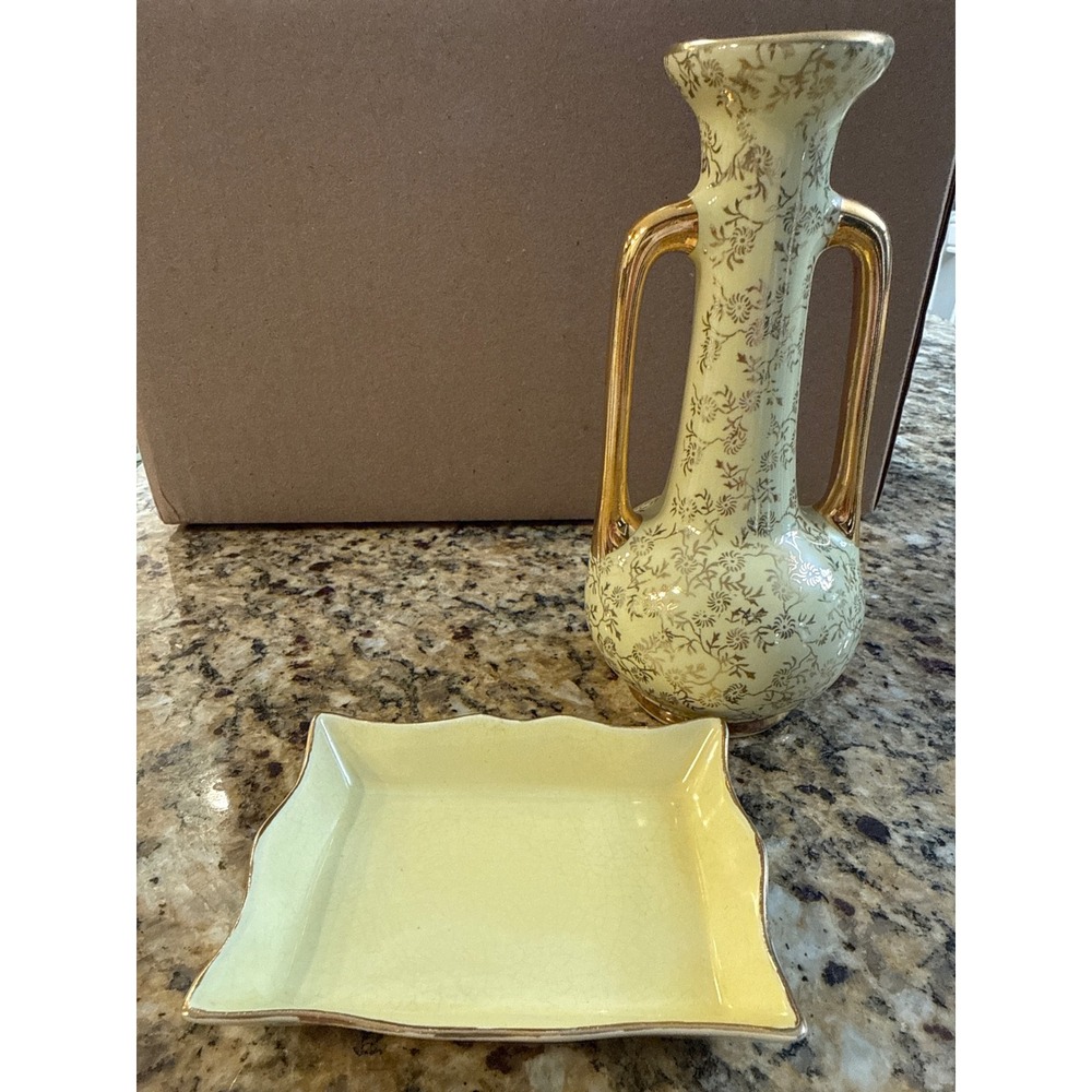 Vintage‎ Decmar USA 22K Gold Filigree Yellow Bud Vase and Trinket Dish Set